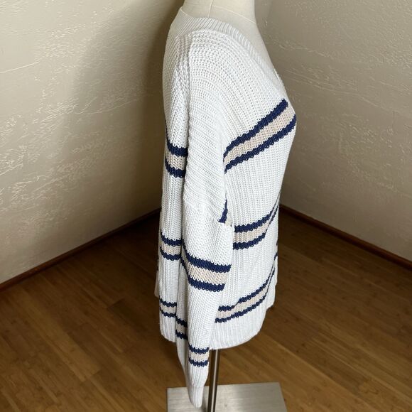 360 Cashmere Sweater Womens L White Navy Beige Stripe V Neck Drop Shoulder Knit - Picture 8 of 10